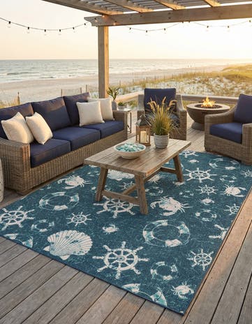 Navy Blue Easy-Clean Coastal Indoor / Outdoor Rug