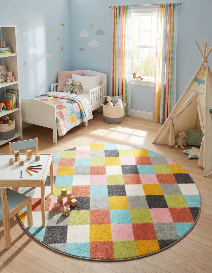 Detail image of 5' 3 x 5' 3 Checkered Whimsy Kids Round Rug
