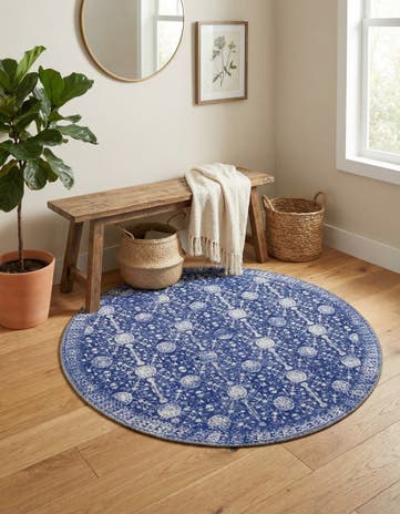 Navy Blue Washable Timeless Round Rug