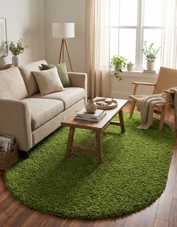 Grass Green Solid Shag Oval Rug