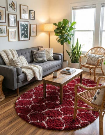 Burgundy Red Lattice Shag Oval Rug