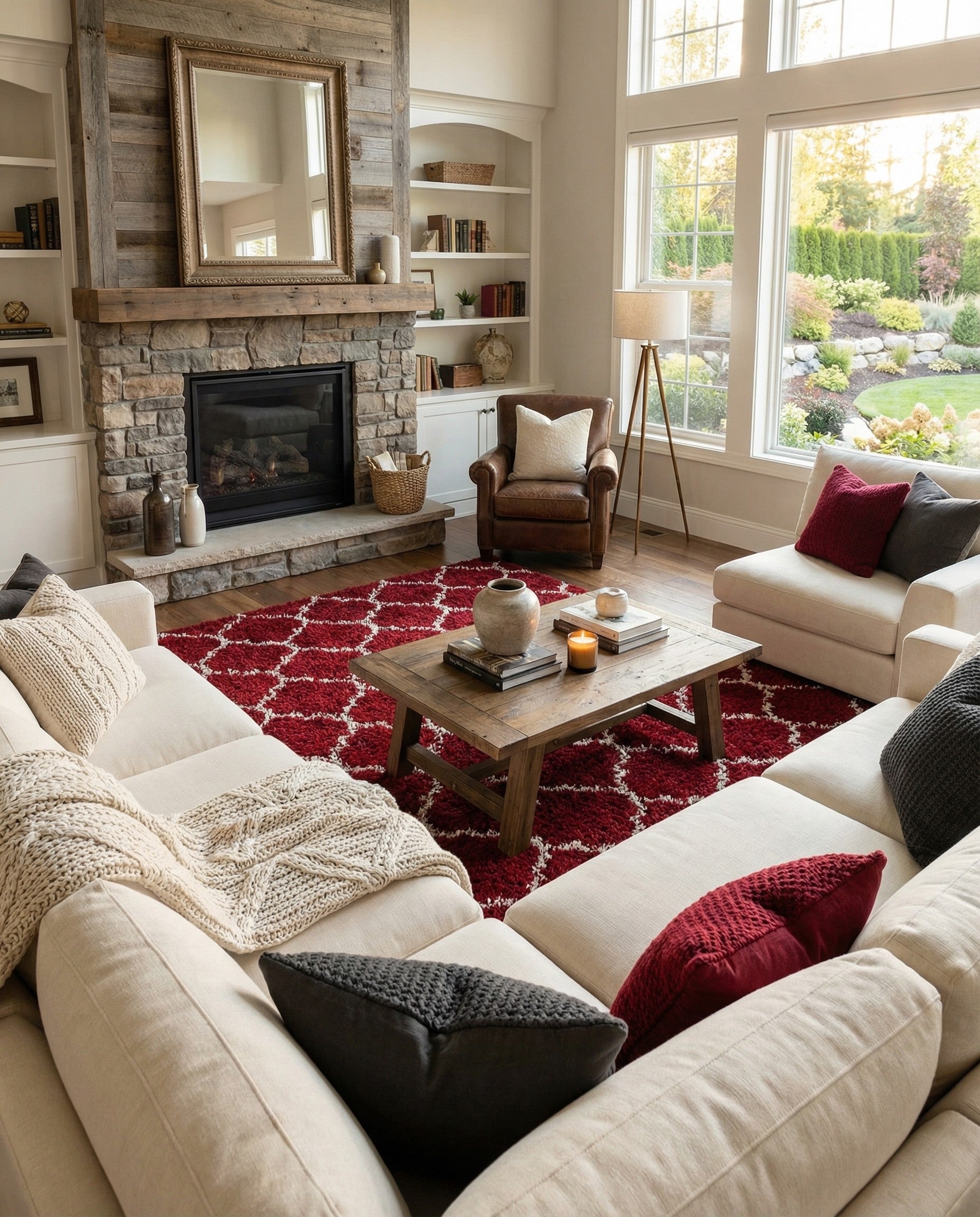 A 10x13 rectangular red shag rug with a white modern lattice pattern, featuring a textured high/low pile.