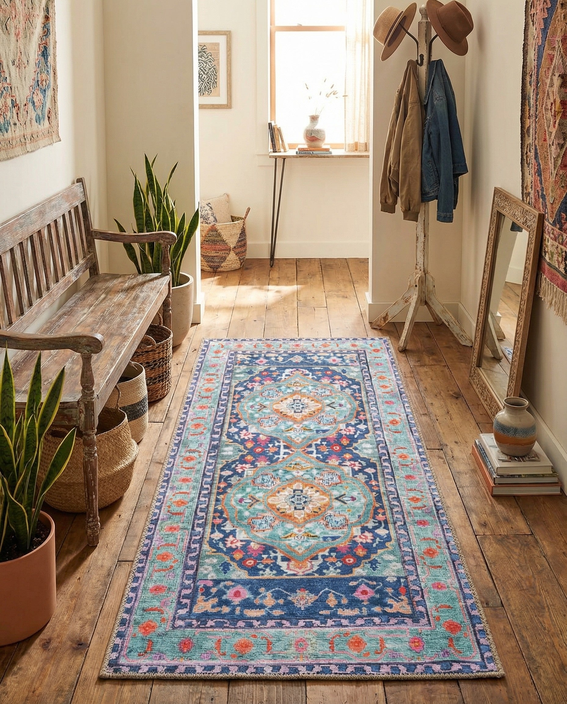 Blue Washable Timeless Runner Rug