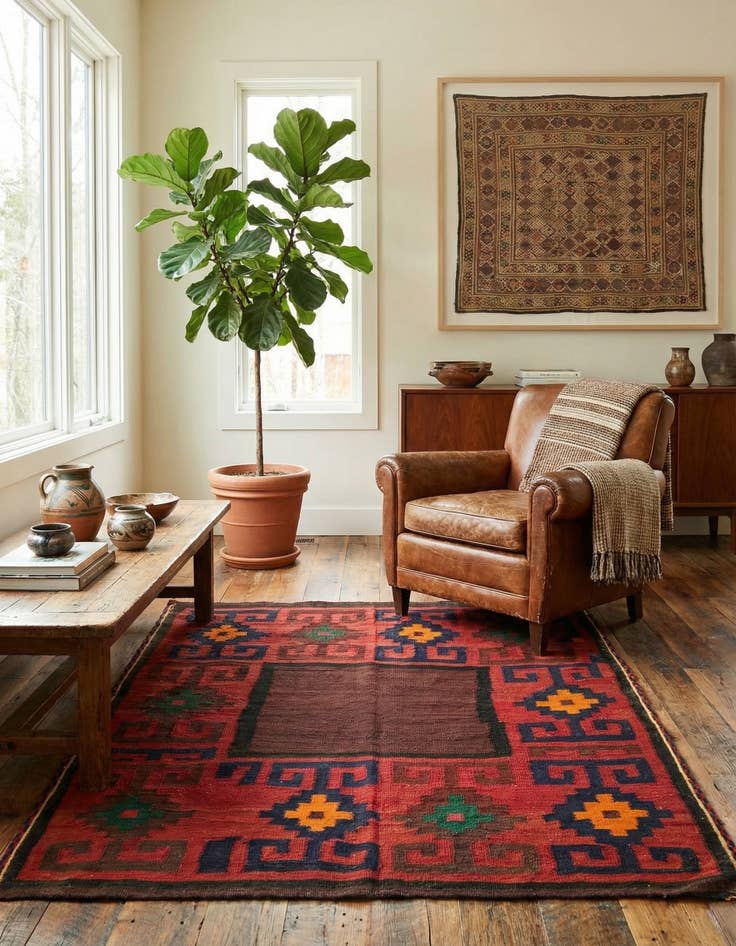 Detail image of  4' 4 x 5' 1  Hand Woven Kilim Fars Wool Square Rug