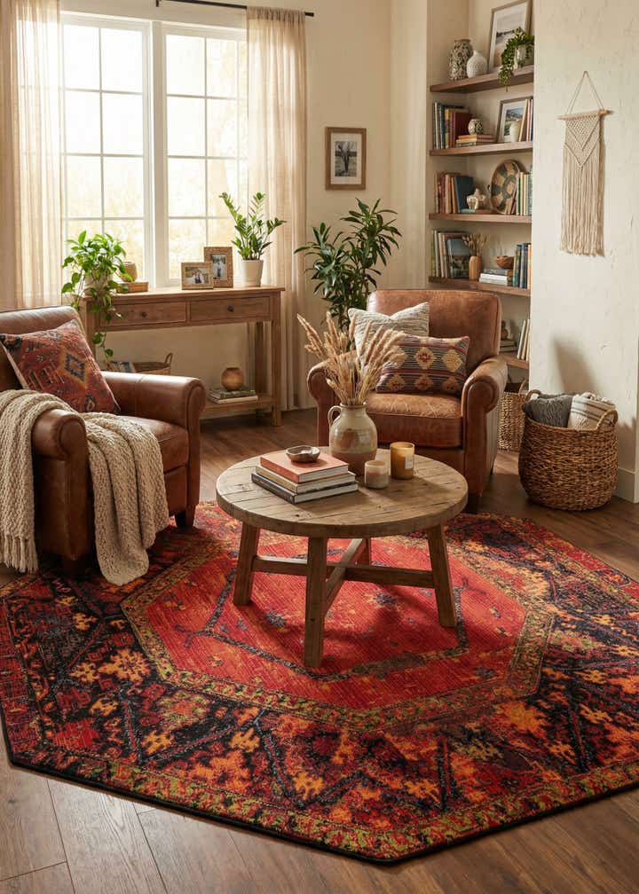 7' x 7' Easy-Clean Tribal Indoor / Outdoor Octagon Rug