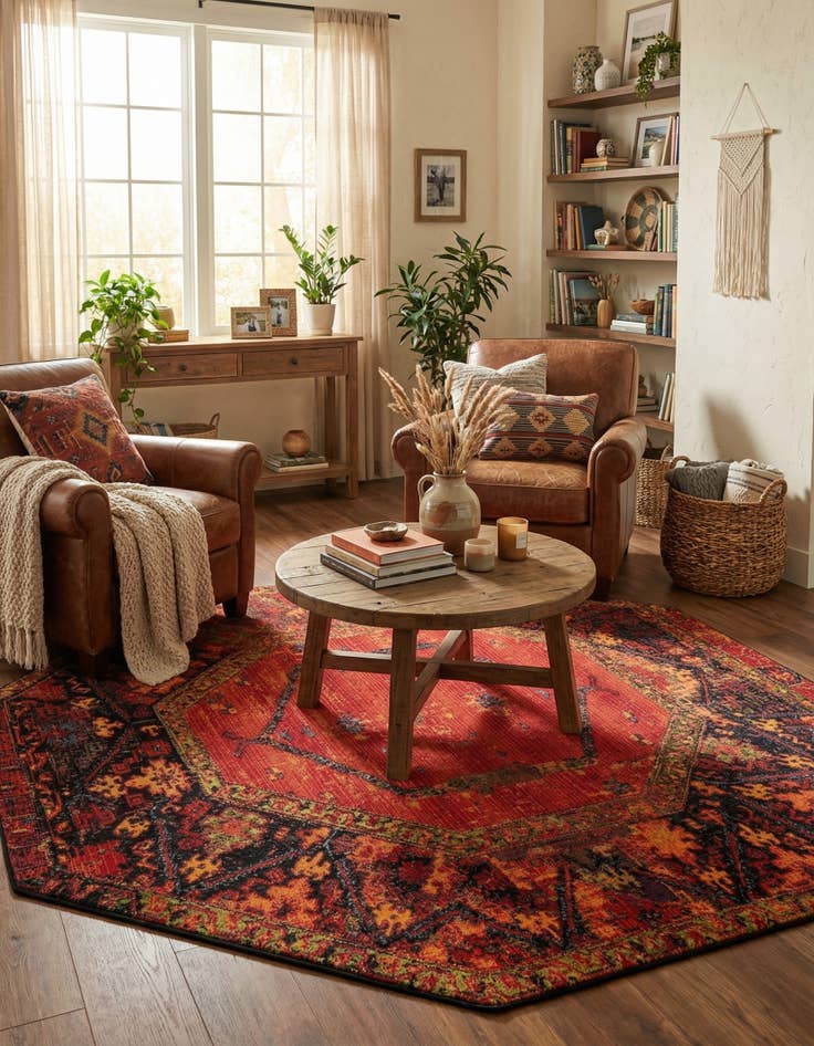 Detail image of 7' x 7' Easy-Clean Tribal Indoor / Outdoor Octagon Rug