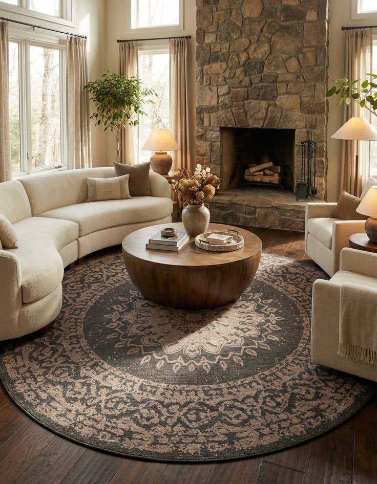Detail image of 10' x 10' Easy-Clean Traditional Indoor / Outdoor Round Rug