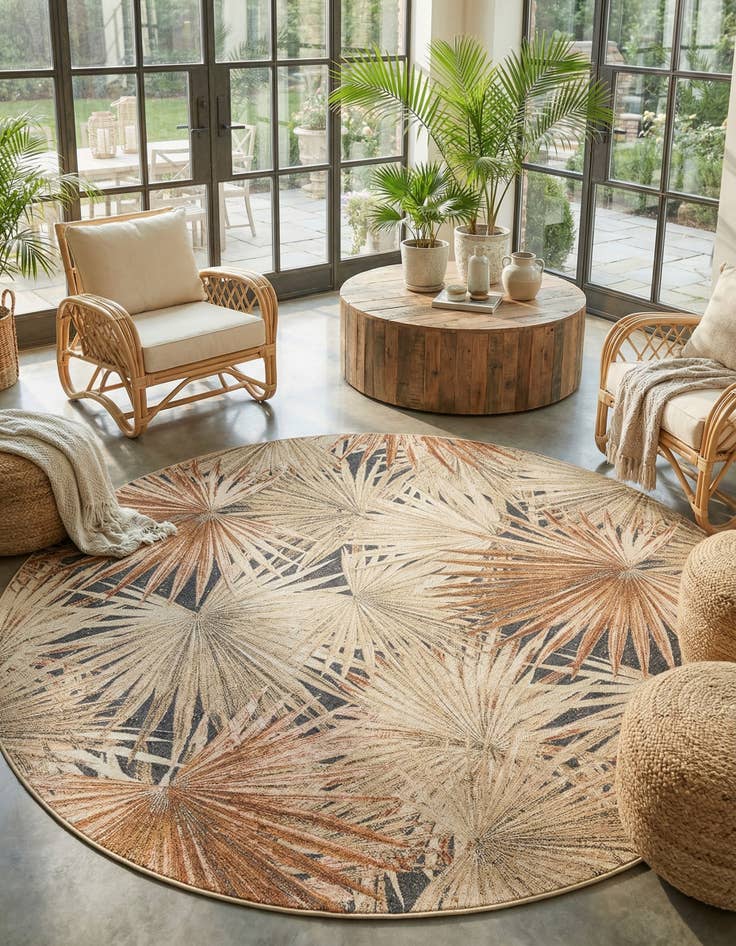 Detail image of 10' x 10'  Washable Botanical Indoor / Outdoor Round Rug