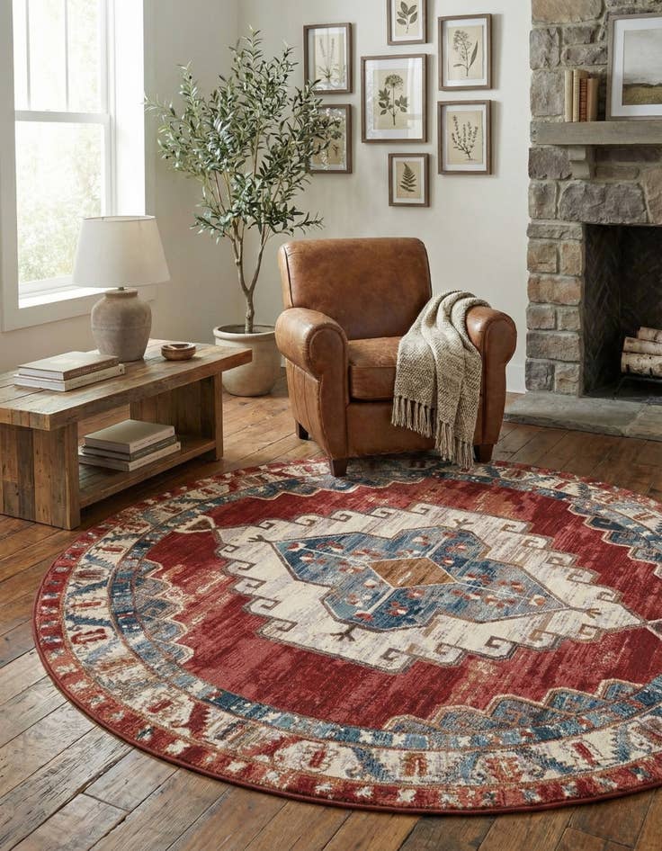 Detail image of 7' 10 x 7' 10 Easy-Clean Traditional Indoor / Outdoor Round Rug