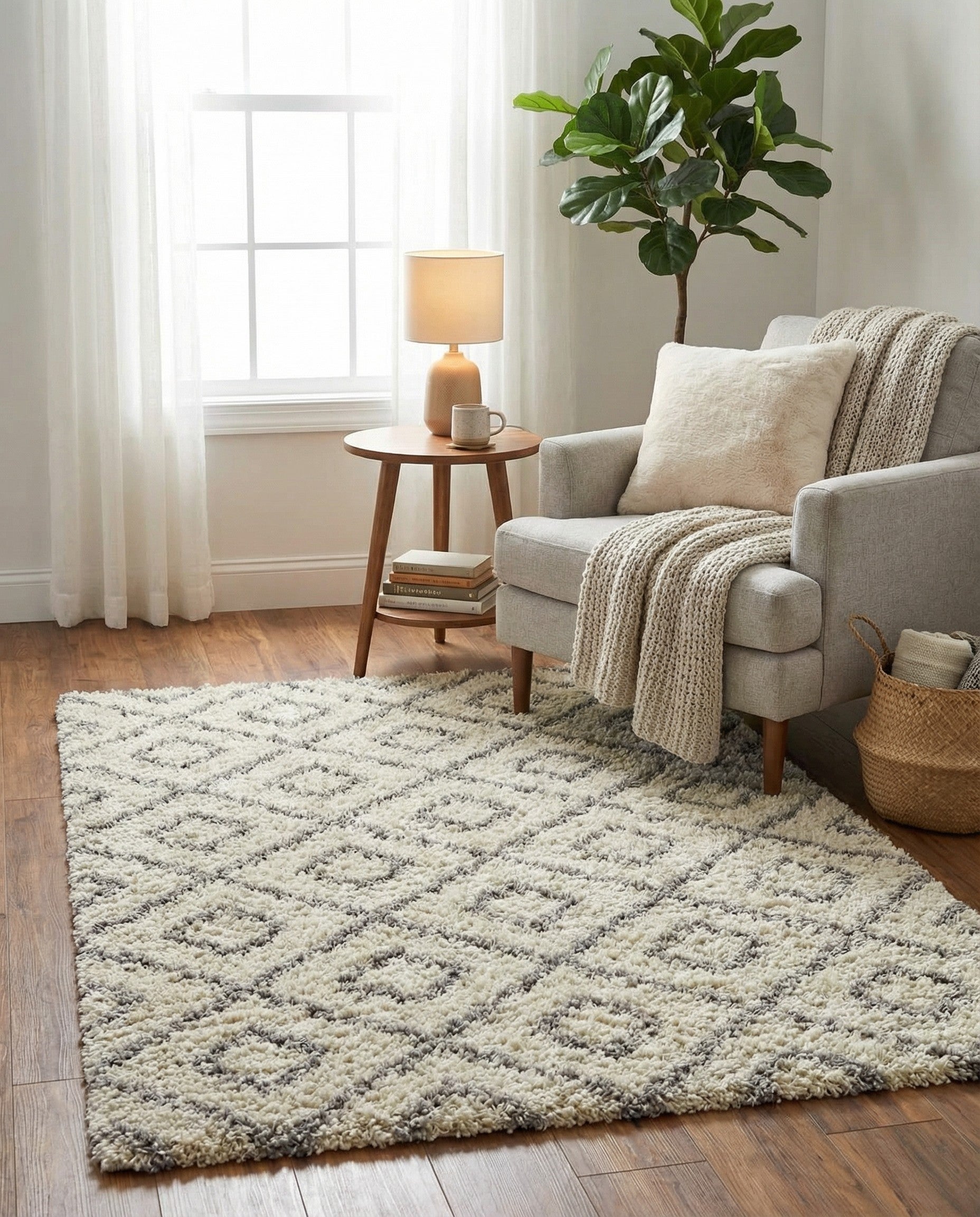 A rectangular 2x3 ivory and gray modern shag rug with a textured high/low pile geometric pattern.