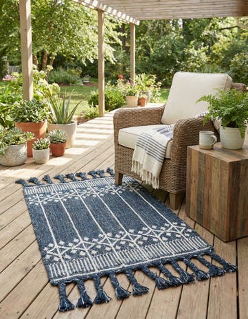 Navy Blue Easy-Clean Eco Bohemian Indoor / Outdoor Rug