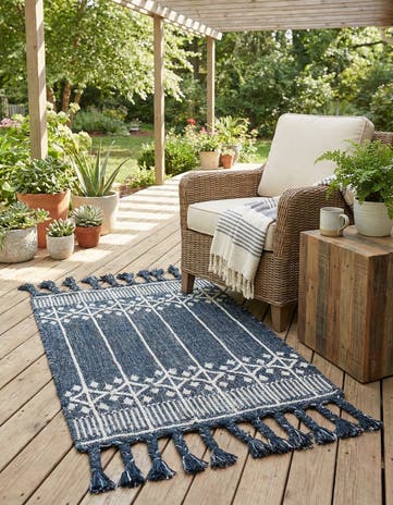 Navy Blue Easy-Clean Eco Bohemian Indoor / Outdoor Rug