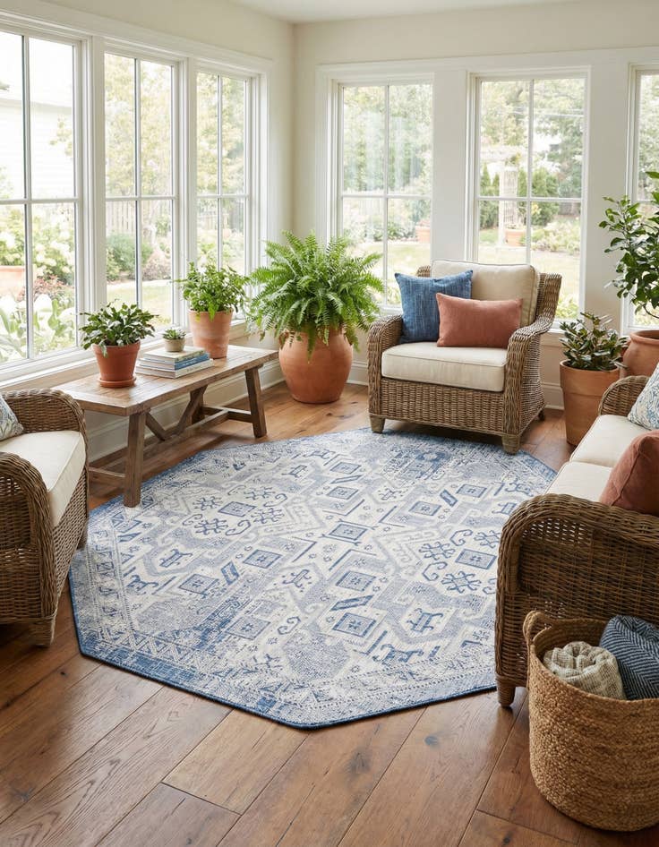 Detail image of 7' 10 x 7' 10  Washable Aztec Indoor / Outdoor Octagon Rug