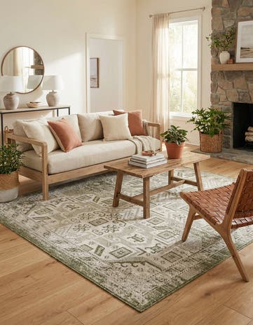 Green Easy-Clean Aztec Indoor / Outdoor Square Rug