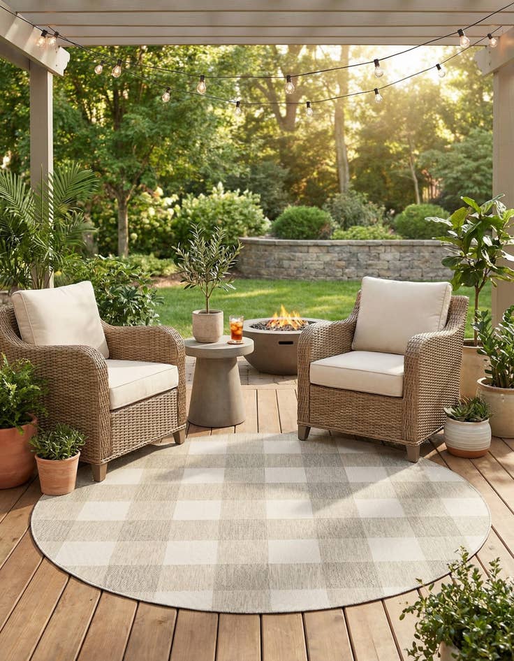Detail image of 7' 10 x 7' 10  Washable Checkered Indoor / Outdoor Round Rug