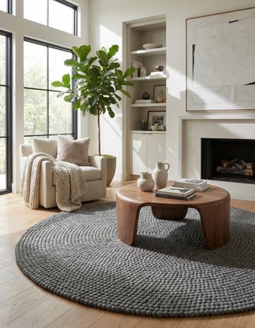 Gray Felt Ball Wool Round Rug