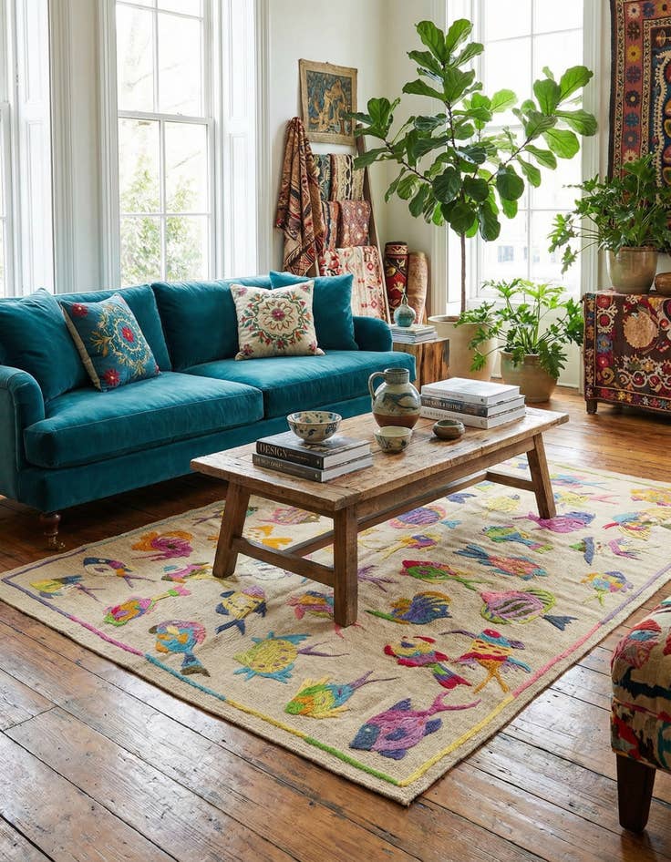 Detail image of 4' x 5' 8 Hand Woven Kilim Suzani Wool Rug