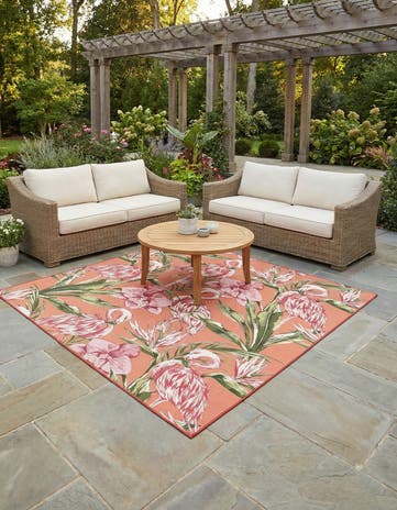 Coral Easy-Clean Botanical Indoor / Outdoor Square Rug