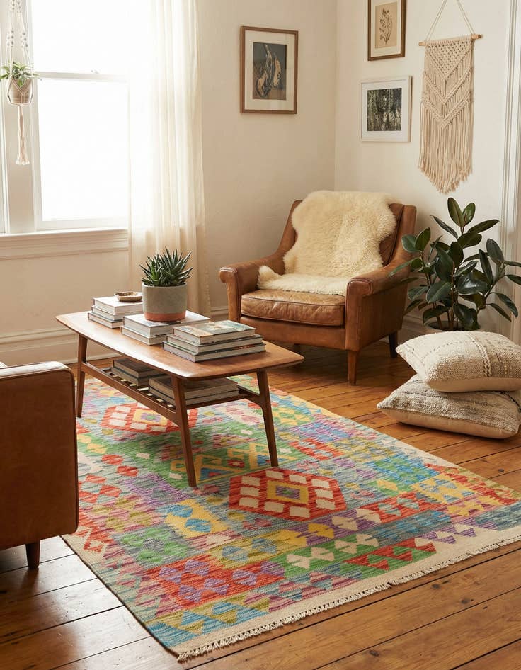 Detail image of 3' 4 x 5' Hand Woven Kilim Maymana Wool Rug