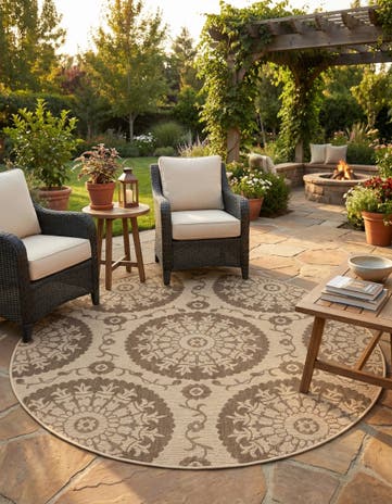 Brown Easy-Clean Botanical Indoor / Outdoor Round Rug