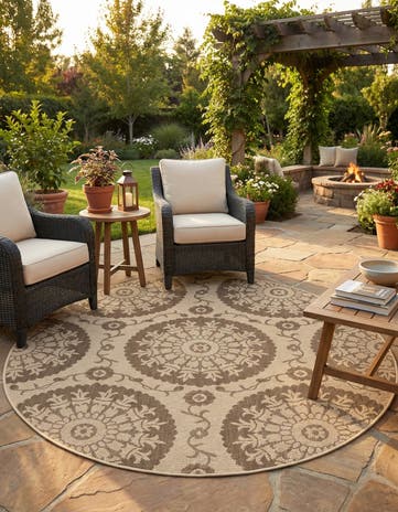 Brown Easy-Clean Botanical Indoor / Outdoor Round Rug