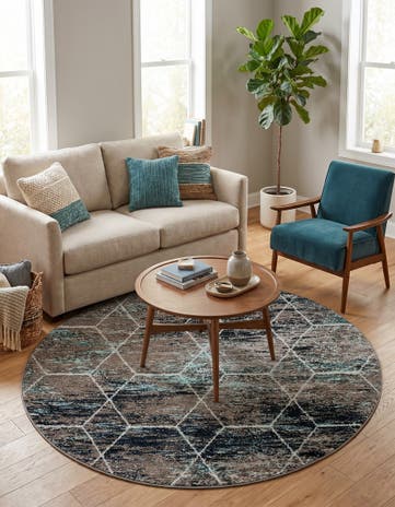 Blue Multi Lattice Frieze Round Rug