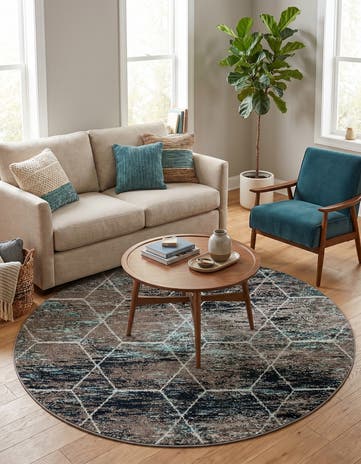 Blue Multi Lattice Frieze Round Rug