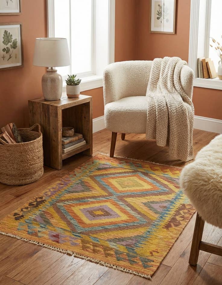 Detail image of 3' x 3' 8 Hand Woven Kilim Maymana Wool Square Rug