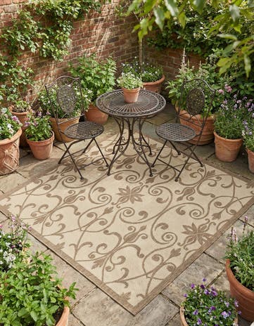 Brown Easy-Clean Botanical Indoor / Outdoor Square Rug