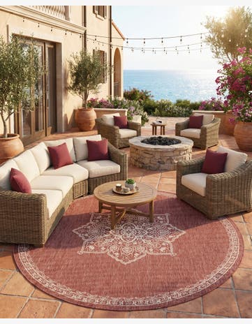 Rust Red Easy-Clean Traditional Indoor / Outdoor Round Rug
