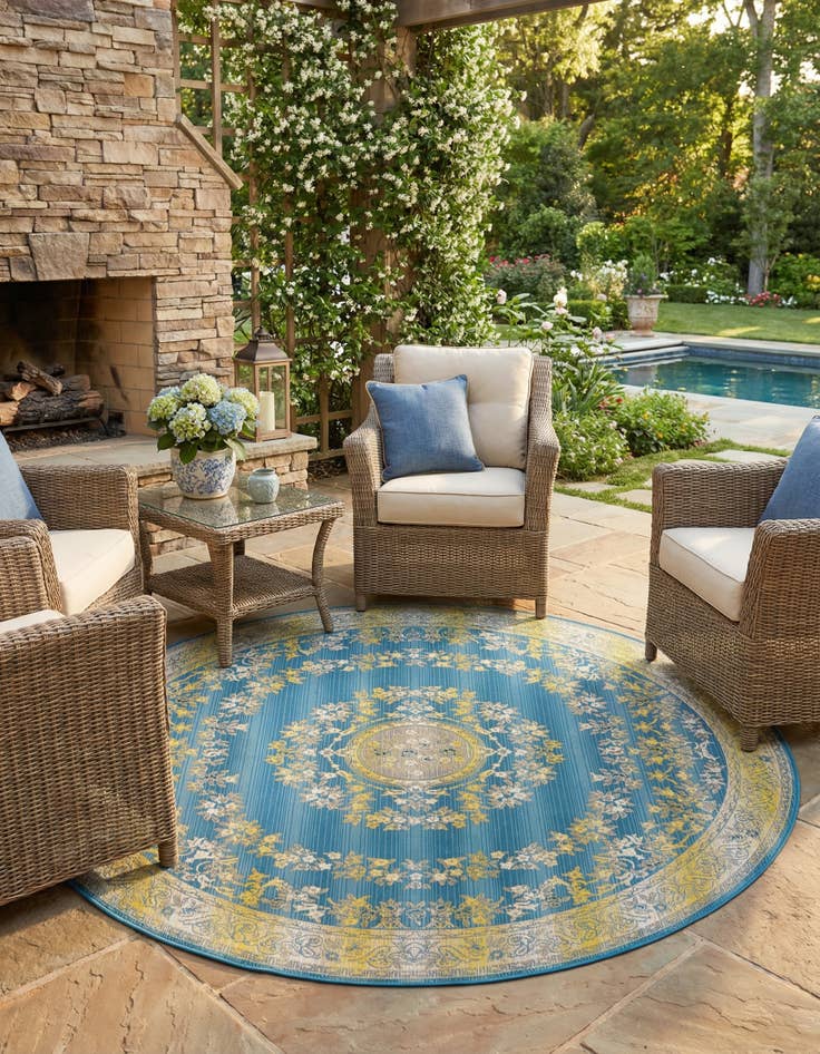 Detail image of 7' 10 x 7' 10 Washable Traditional Indoor / Outdoor Round Rug
