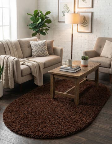 Chocolate Brown Solid Shag Oval Rug