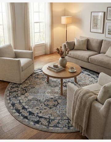 Ivory Gray Blue Kamala Washable Round Rug