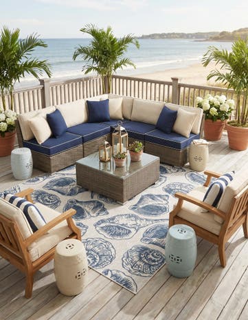Ivory and Navy Blue Easy-Clean Coastal Indoor / Outdoor Square Rug