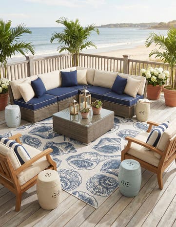 Ivory and Navy Blue Easy-Clean Coastal Indoor / Outdoor Square Rug