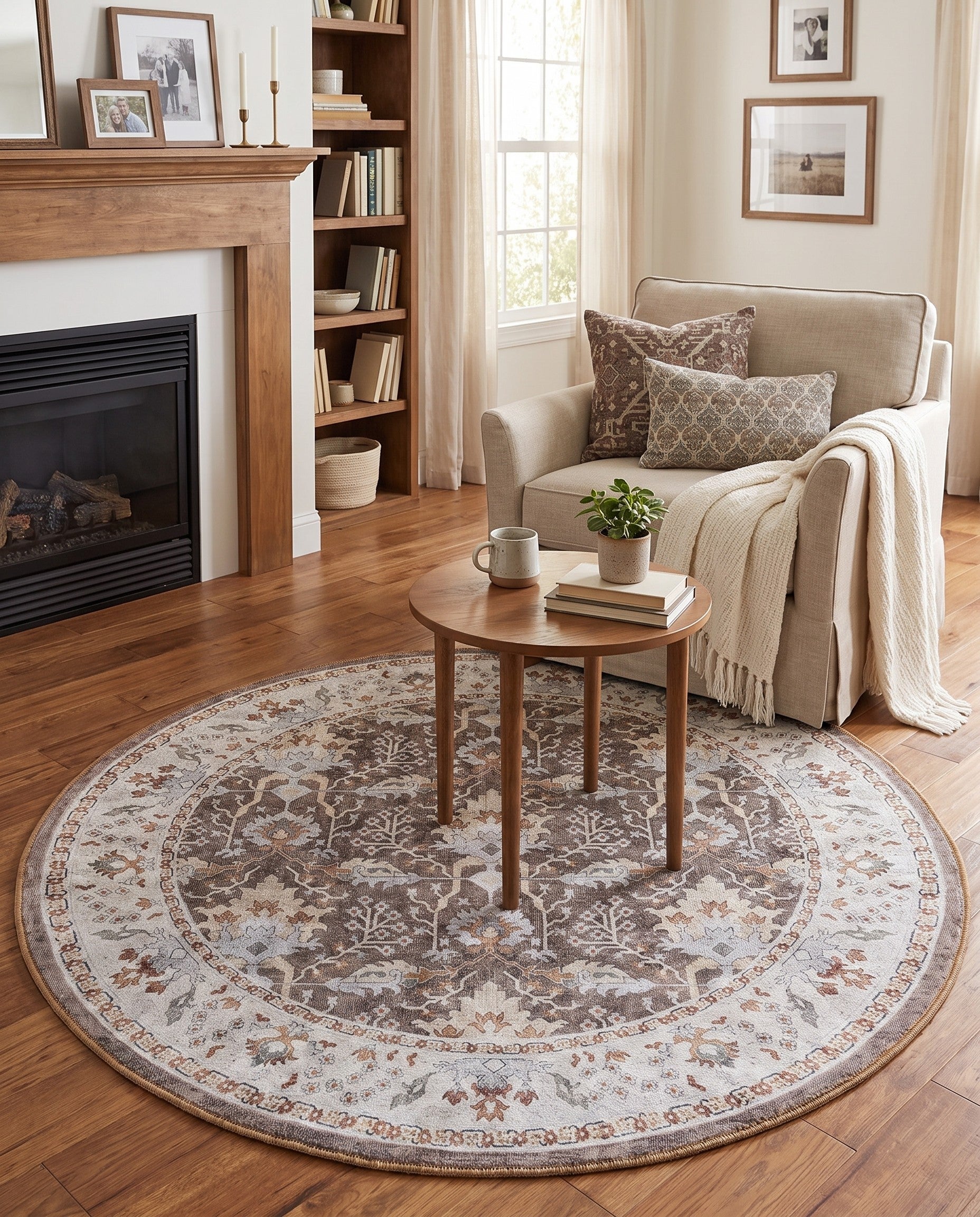 Almond Brown Washable Timeless Round Rug