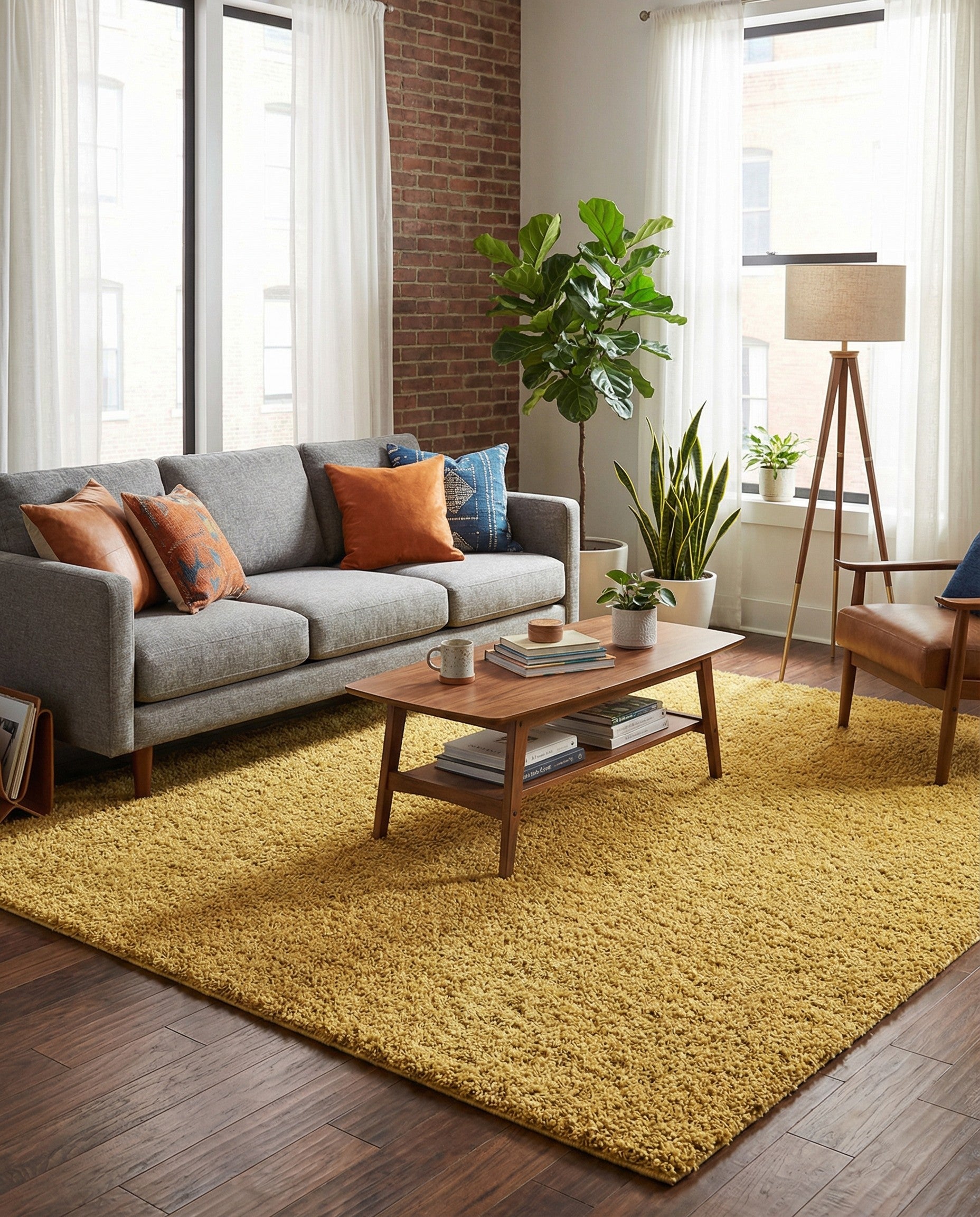 A soft, plush 7' 10 x 7' 10 square yellow shag rug, perfect for adding warmth to any indoor living space.