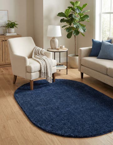 Navy Blue Solid Frieze Oval Rug