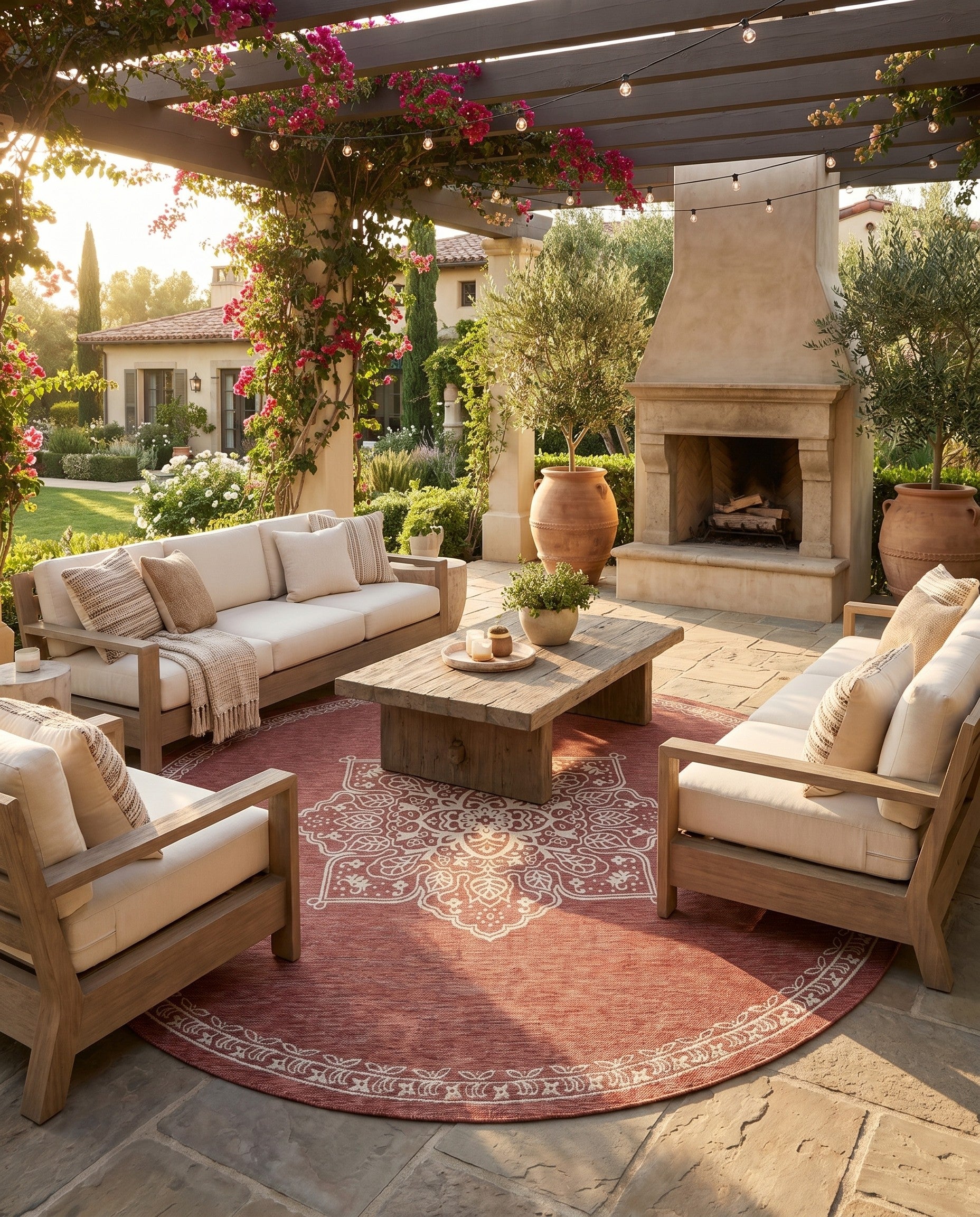 Rust Red Easy-Clean Traditional Indoor / Outdoor Round Rug