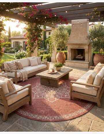 Rust Red Easy-Clean Traditional Indoor / Outdoor Round Rug