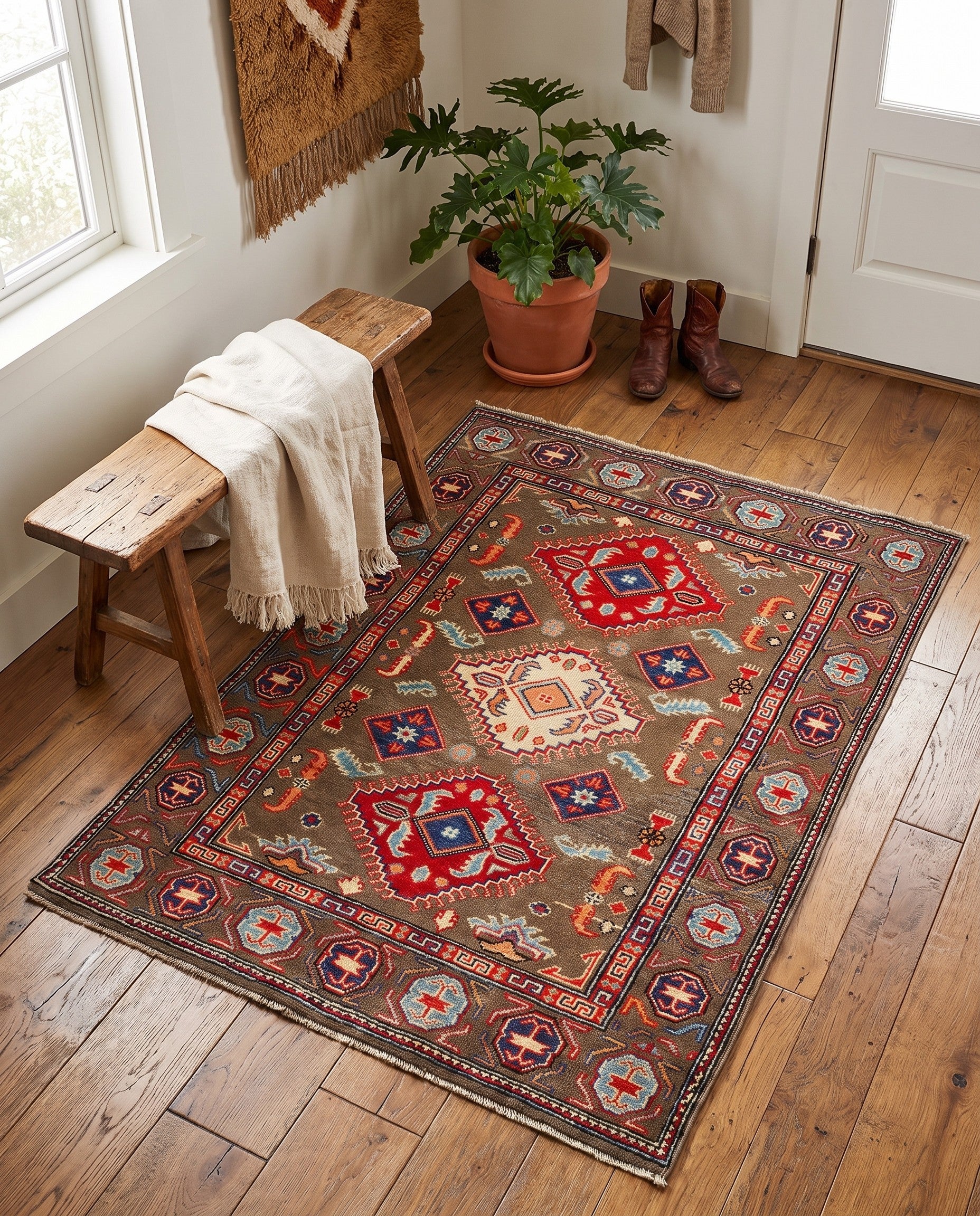 3' 4 x 4' 9 Hand Knotted Kazak Rug