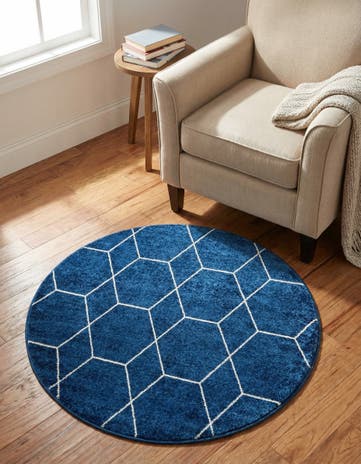 Navy Blue Lattice Frieze Round Rug