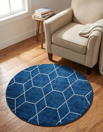 Navy Blue Lattice Frieze Round Rug
