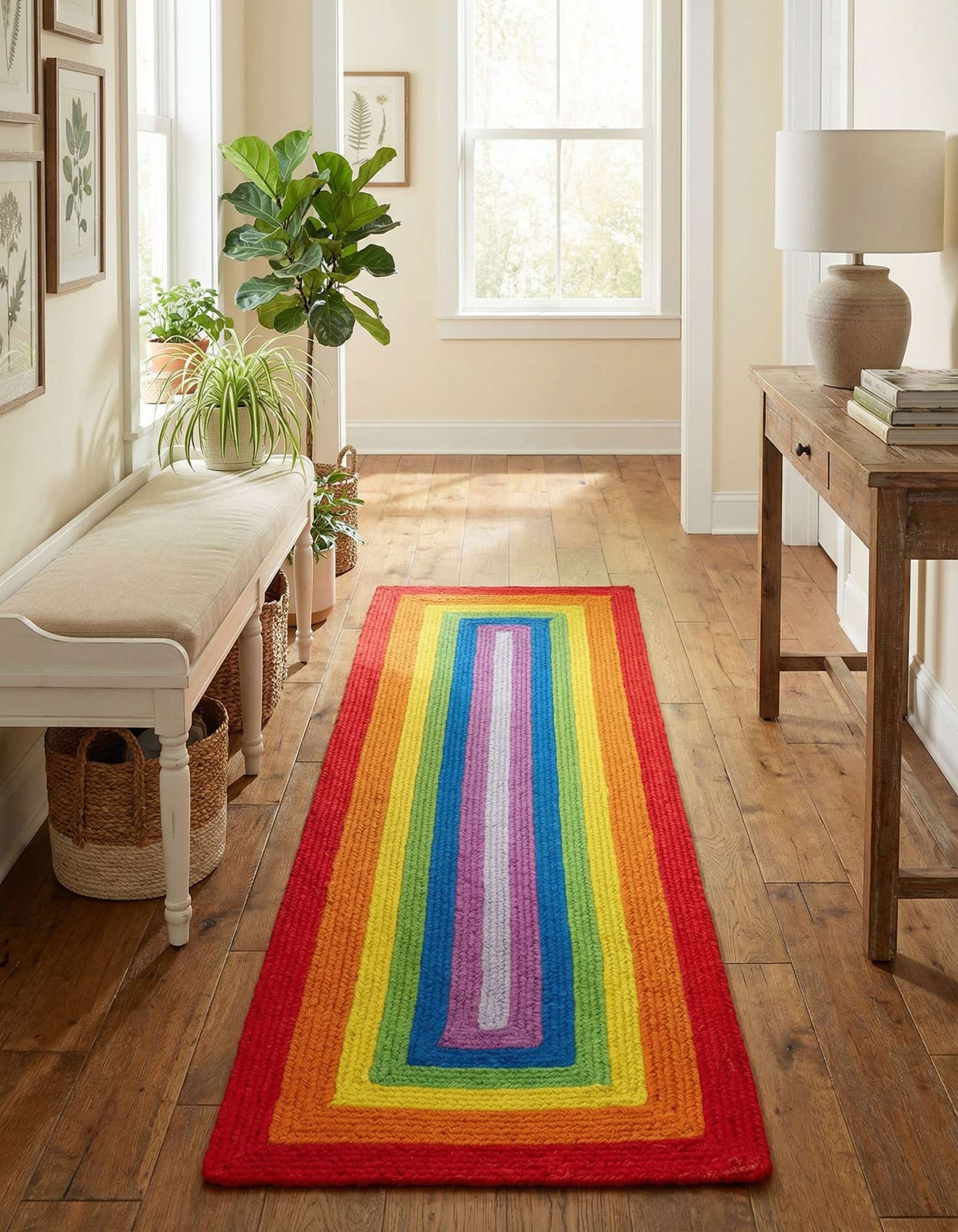 2' x 6' 1 Handmade Hand Braided Rainbow Wool Runner Rug