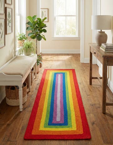 2' x 6' 1 Handmade Hand Braided Rainbow Wool Runner Rug