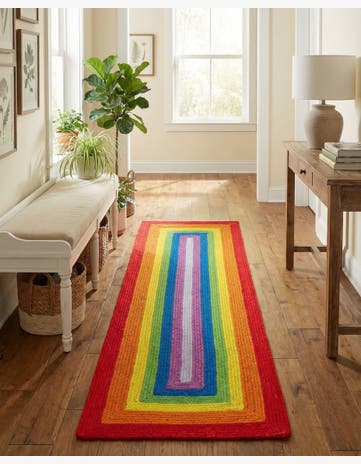 2' x 6' 1 Handmade Hand Braided Rainbow Wool Runner Rug