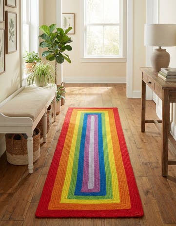 2' x 6' 1 Handmade Hand Braided Rainbow Wool Runner Rug