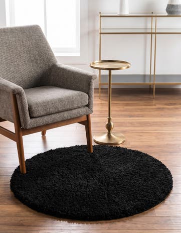 Jet Black Solid Shag Round Rug