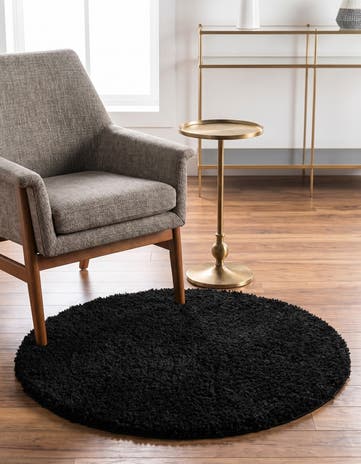 Jet Black Solid Shag Round Rug