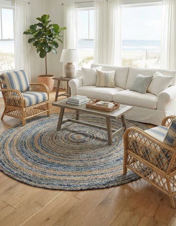 Blue and Natural Handmade Braided Chindi Round Rug